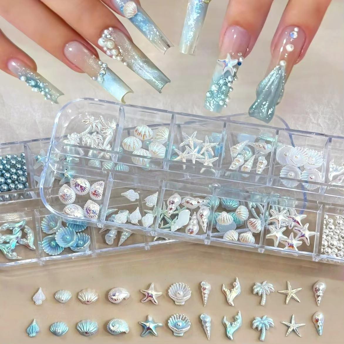 2 Boxes 3D Aurora Beach Nail Charms and Gems, 12-grid Summer Sea Nail Art Cha…