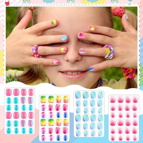 216Pcs 9 Pack Kids Press on Nails Grils Full Cover Short False Gradient Style