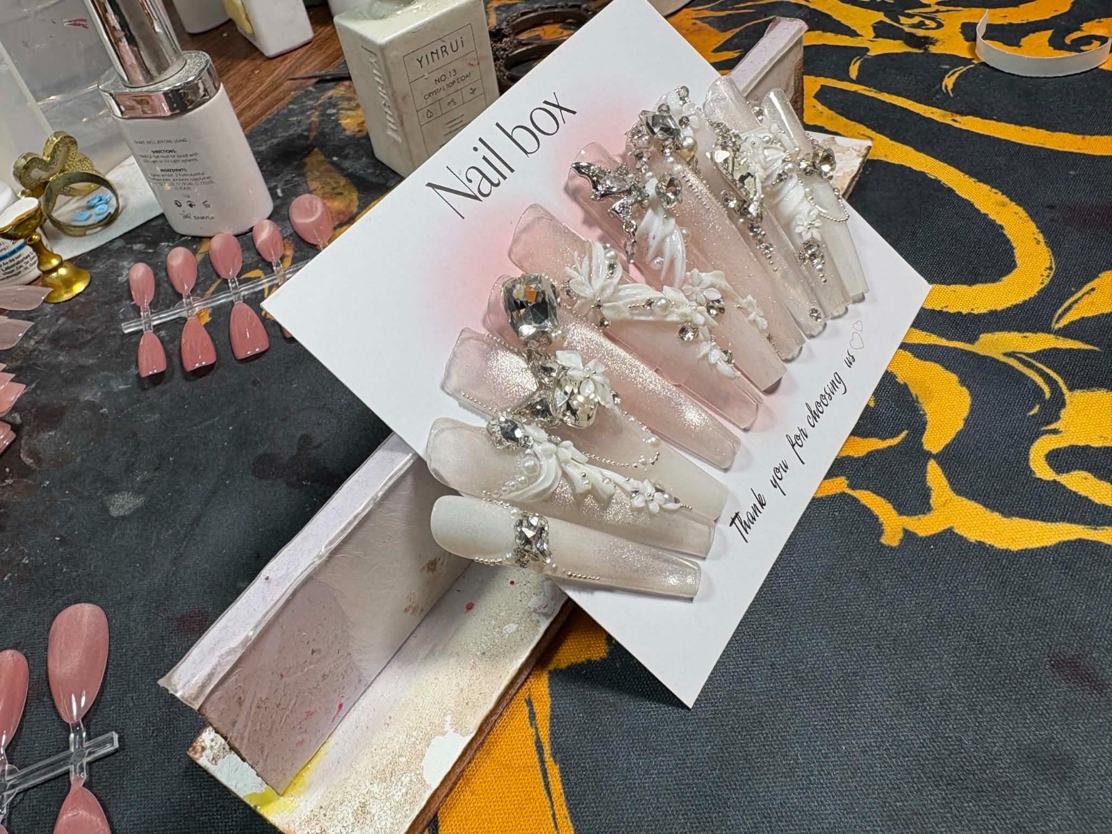Luxury Press on nails , Bridal style, white and metallic silver, custom size