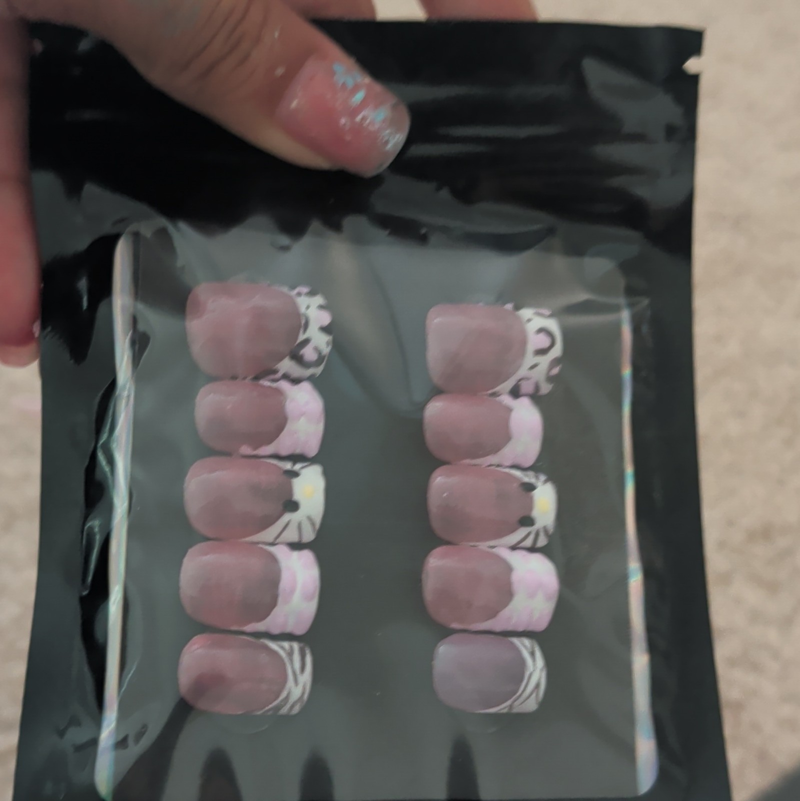 10 Piece Short Square Press-On Nails, Pink White Black 3D Shiny Animal, Handmade