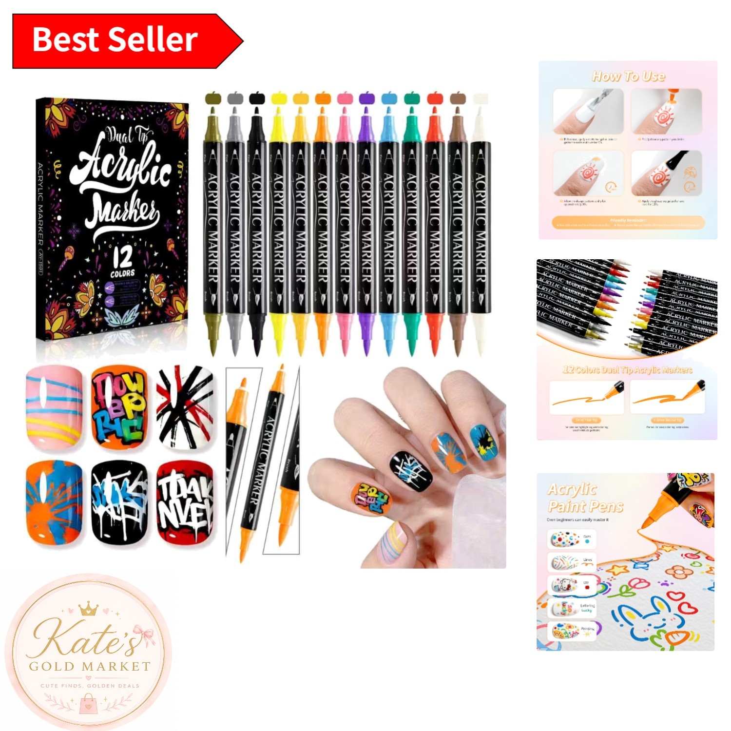 Vibrant 12 Color Acrylic Nail Art Pens with Precision Tips for Stunning Designs