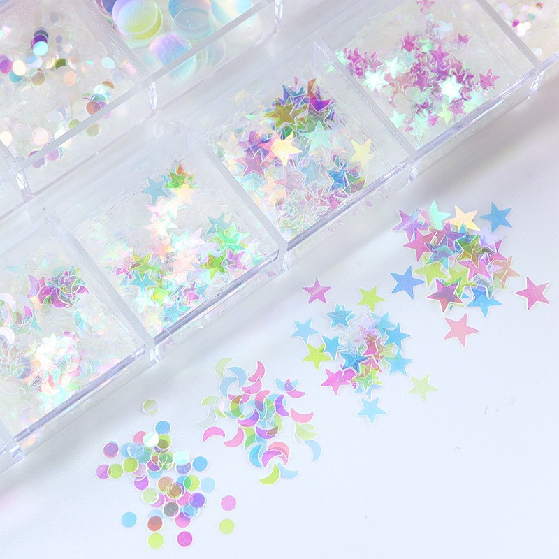 Glitter Nail Art Sequins 12 Grids Butterfly Star Heart Circle Shapes DIY Decor