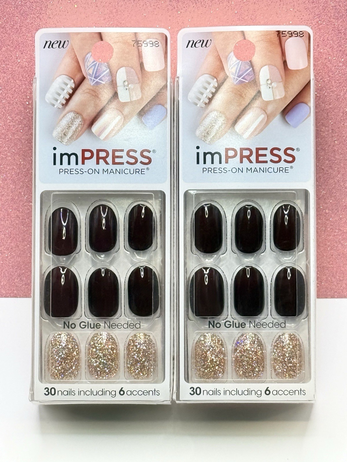 Kiss imPRESS No Glue Press-On Nails Short Oval Chocolate Brown Glitter Lot Of 2