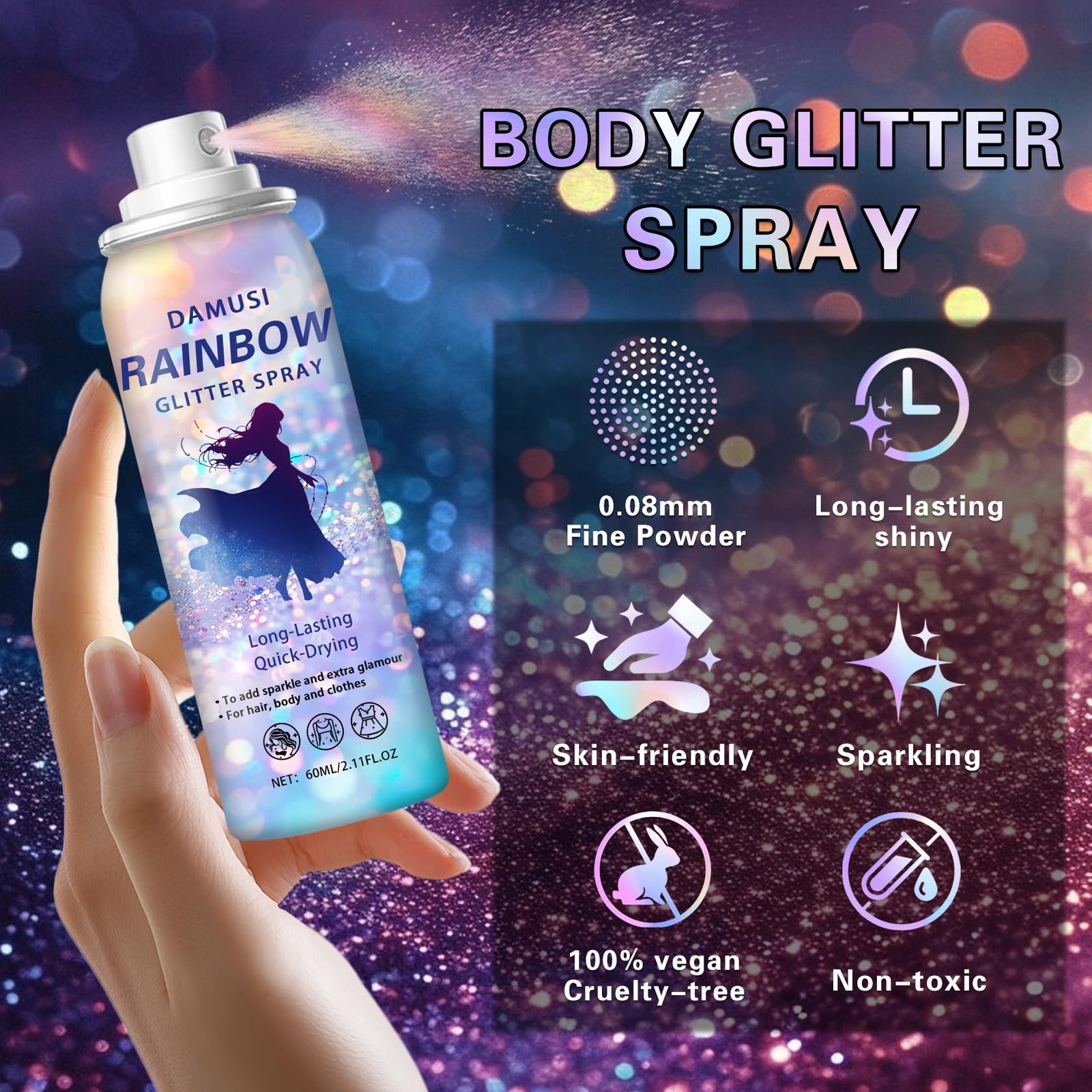 Pink Body Glitter Spray, Shiny Hair and Body Glitter Spray for Clothes, Holog…