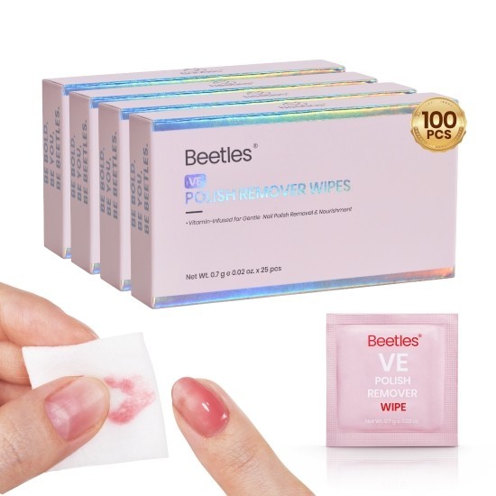 Beetles Non-Acetone Nail Polish Remover Wipes Vitamin E 100 Pack Travel Size