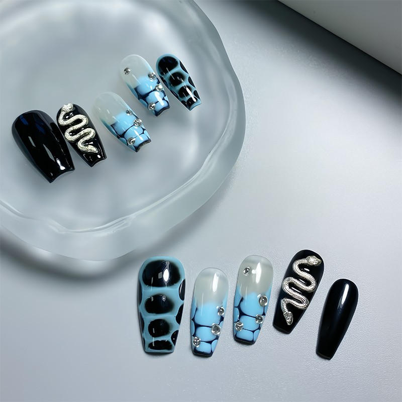 Press-on Nails Rectangular Snake Shape Hand Painted Flower Press-on Nails