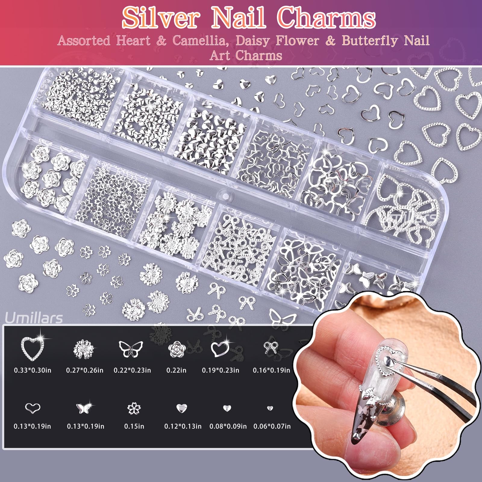 6 Boxes Silver Nail Charms with Nail Pearls, 3D Star Cross Nail Art Studs Met…