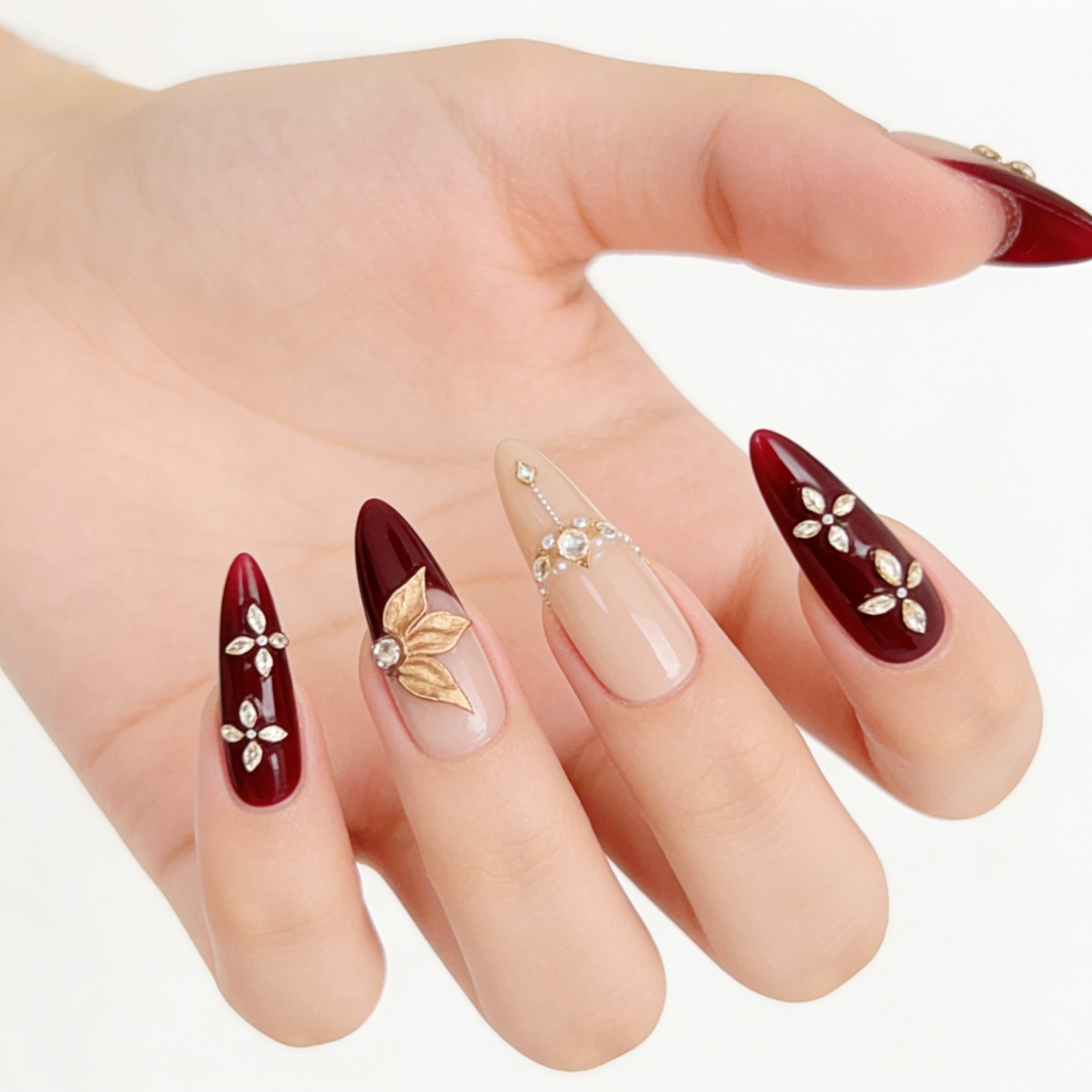 Vintage Gold Maple Leaf Red Press-On Nails with Pearls & Rhinestones Long Almond