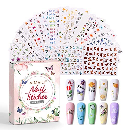 30 Sheets Nail Art Stickers Colorful Butterfly Flower 3D Self-Adhesive Nail