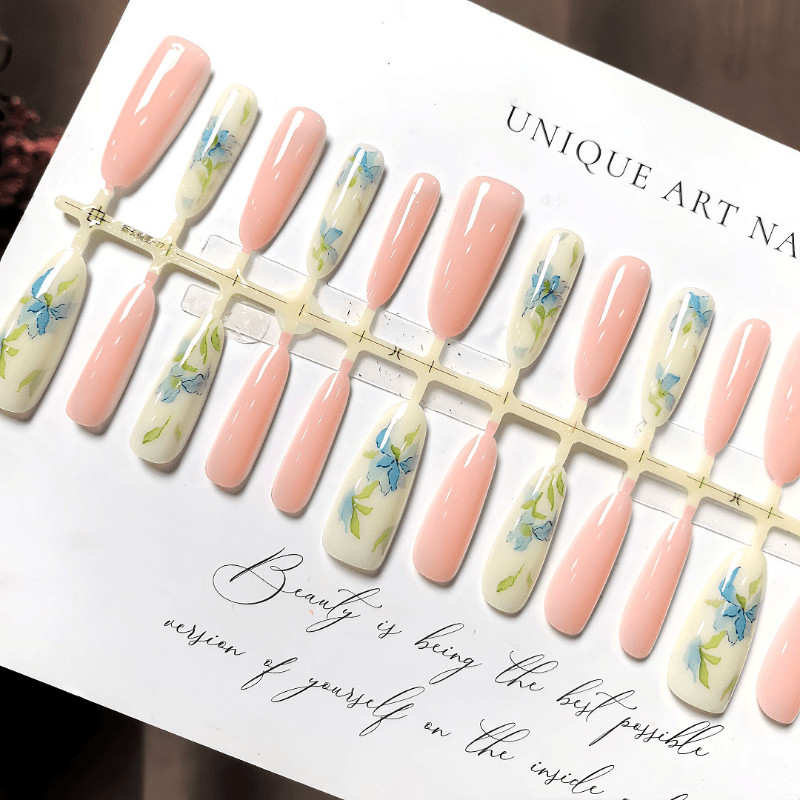 60pcs Almond Press on Nails, Nude Clear Watercolor Blue Floral Elegant Nails