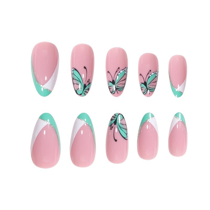 Butterfly Print French Ballerina Press On Nails 24 Pcs, Natural Salon Look