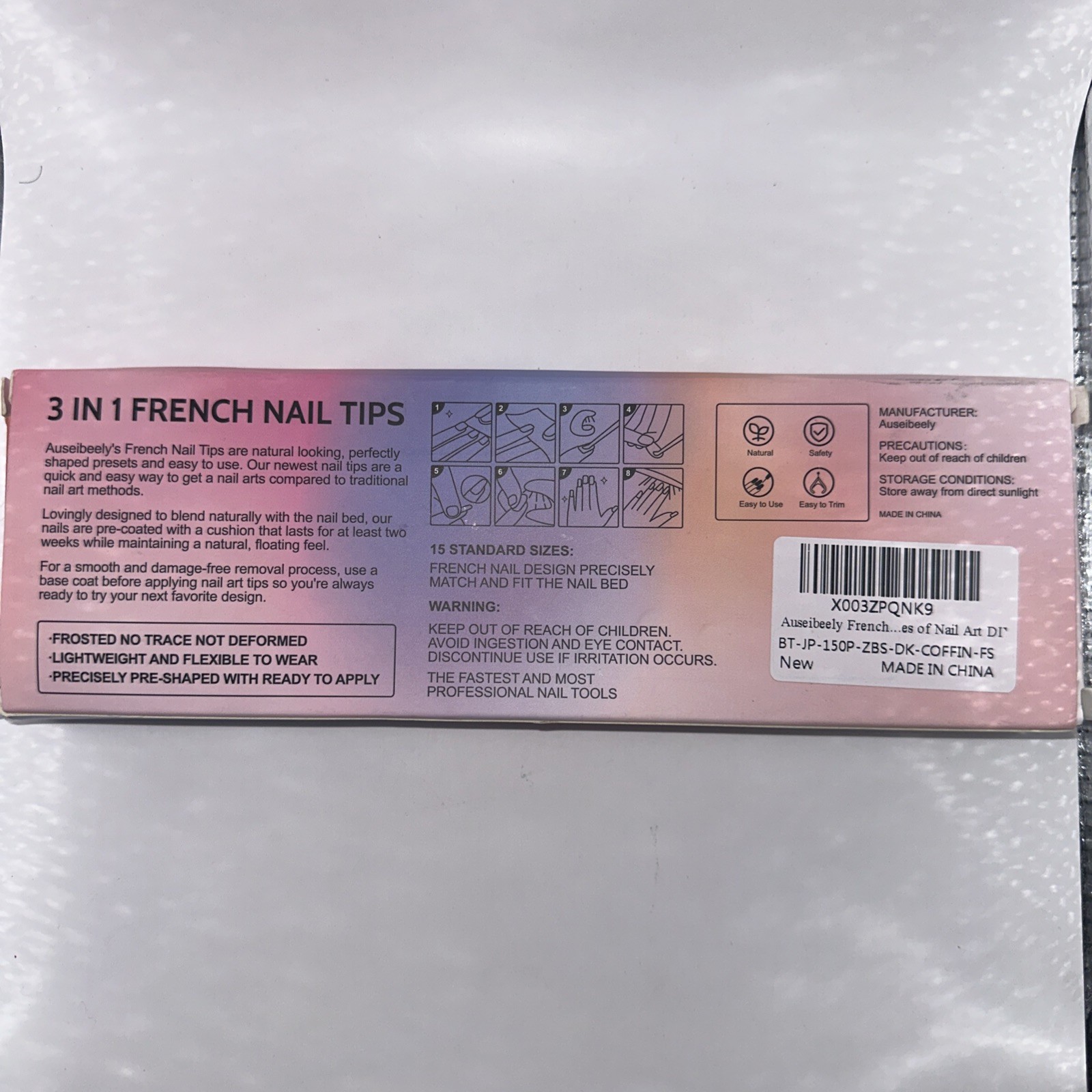 Auseibeely 3-in-1 French Nail Tips 150pcs Natural Acrylic Gel Extension Set