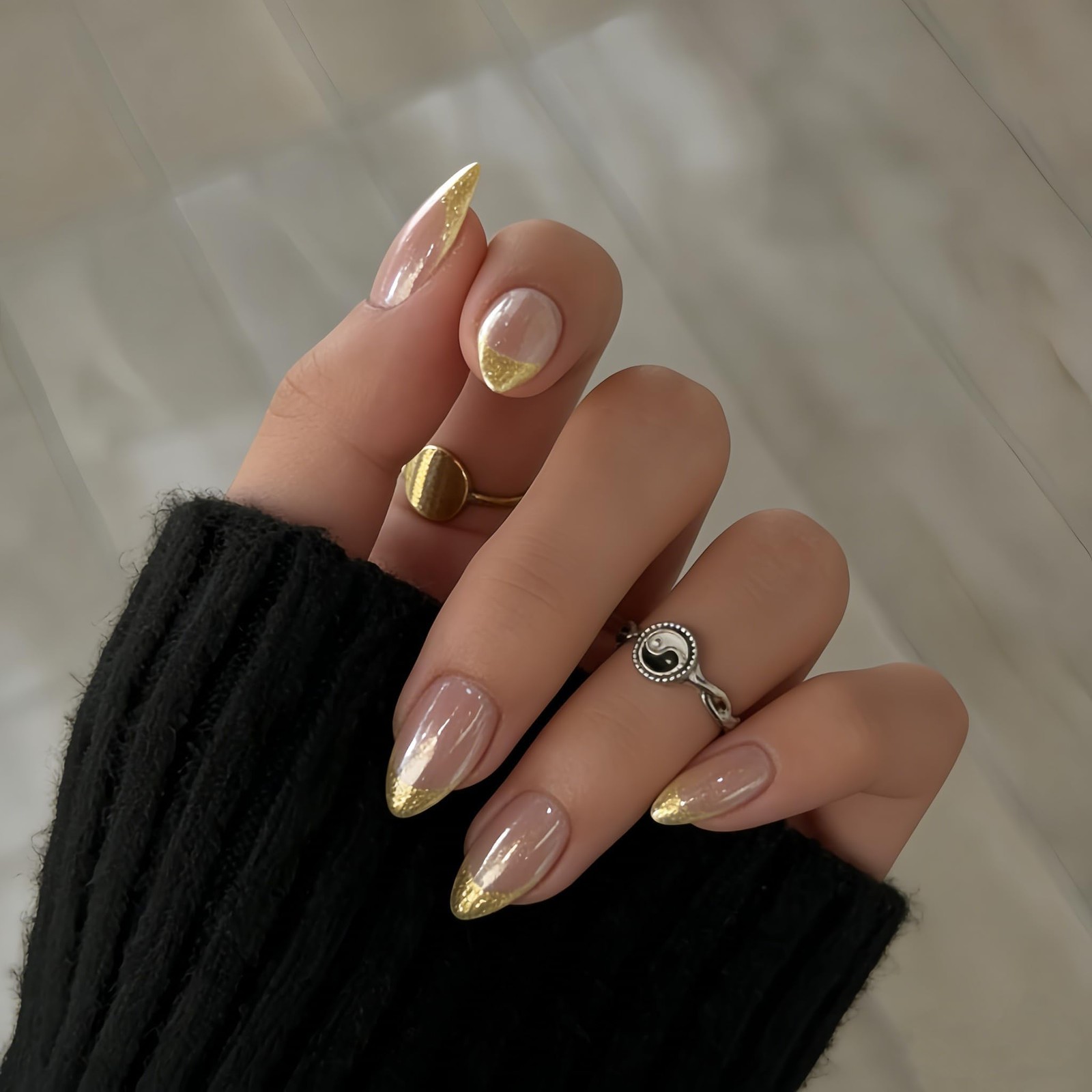 KXAMELIE Chrome Glitter Gold French Tip Press on 30 Pieces (Pack of 1), gold