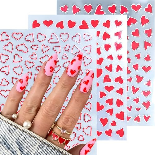 12 Pcs Valentines Day Nail Stickers, Red Pink White Black Gold Heart Stickers