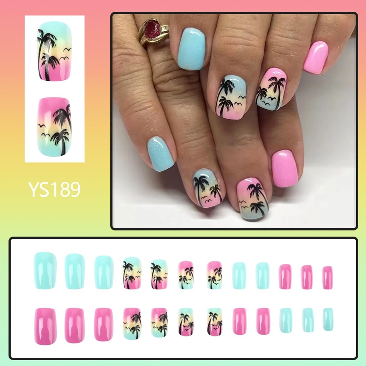 24Pcs Summer Press on Nails Short Palm Tree Square, Multicolor
