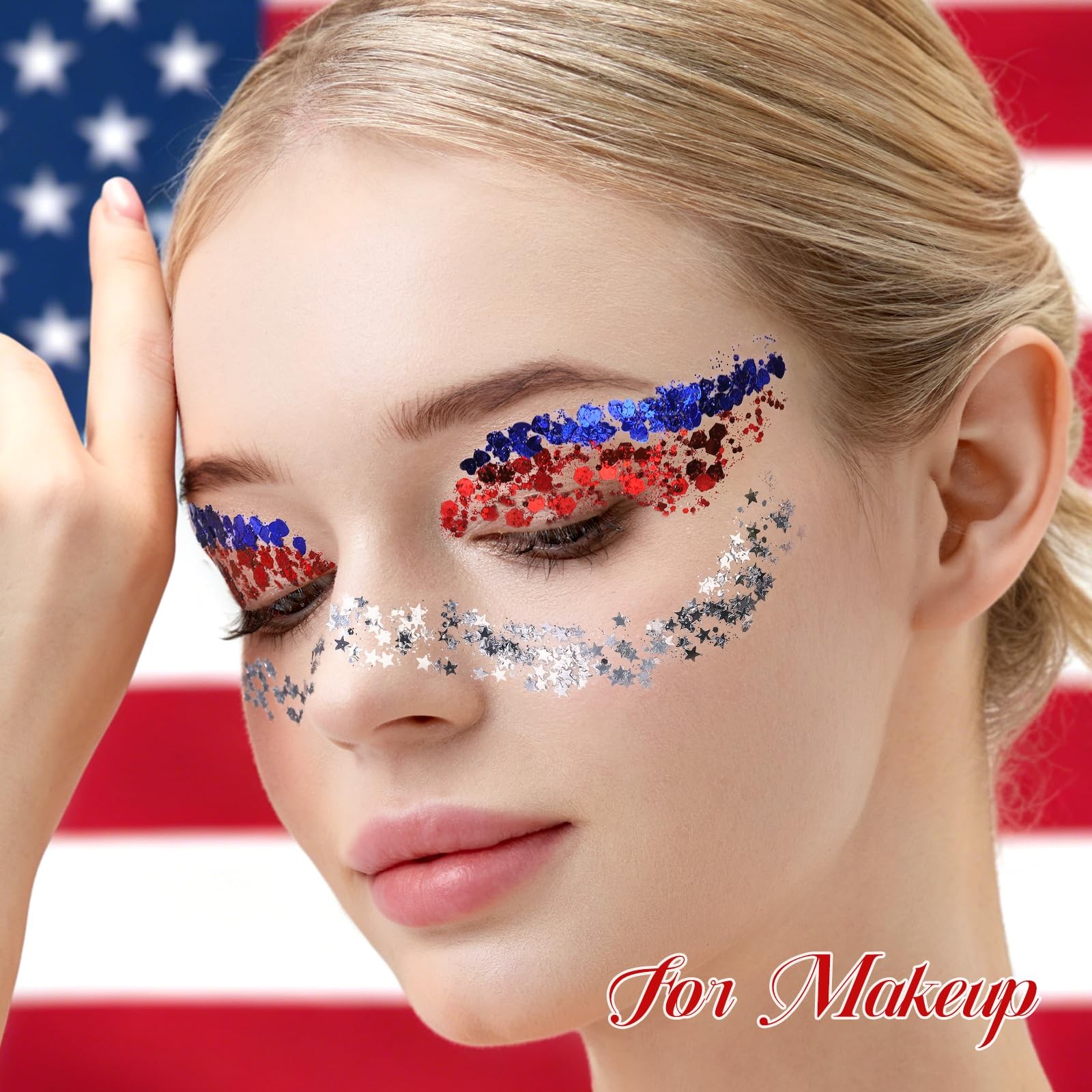 Red White and Blue Body Glitter Gel with Face Gems Set, 4th of July Patriotic Fa