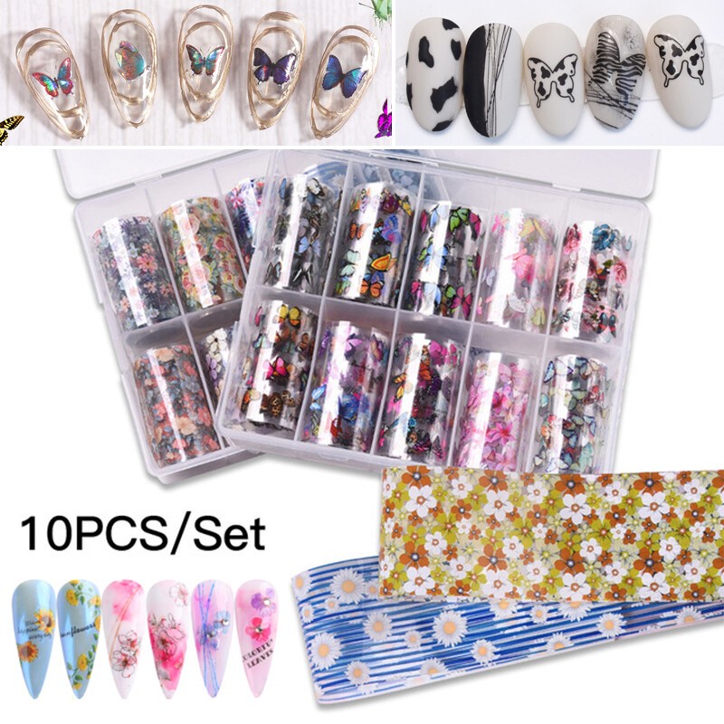10Rolls Holographic Nails Art Transfer Foil Stickers Flower Star AB Paper Wrap✔