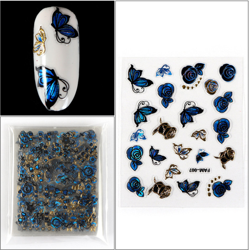 10PCS Nail Art Stickers Gold Blue Lace BUTTERFLY ROSE FLOWER Slider #9
