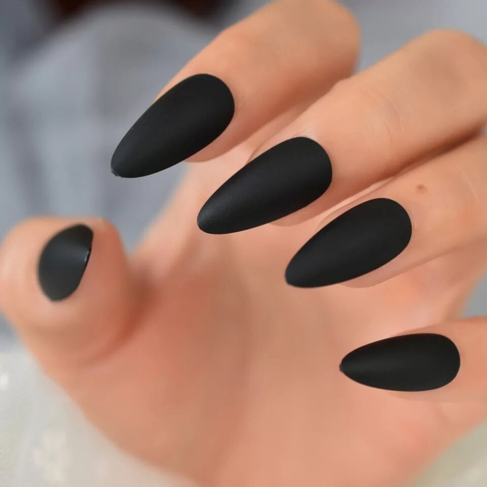 24 Vampy medium Matte Black Press on nails Stiletto witchy goth alt glue on Dark