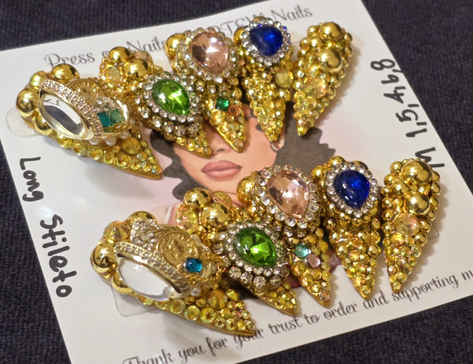 Handmade Press On Nails,Luxury Richy Girl,Medium Size 1,5,4,6,8 Long Stiletto