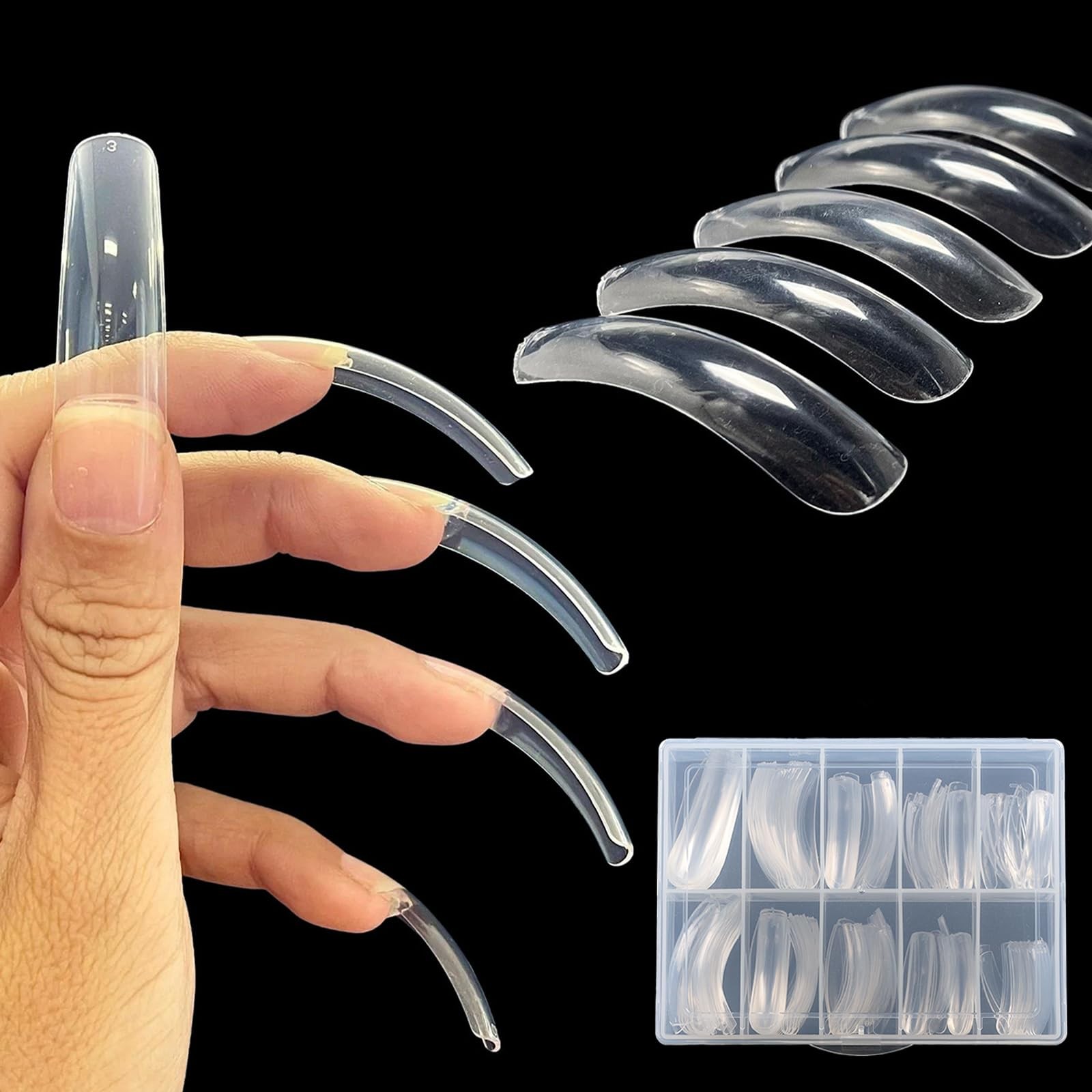 Curved Square Nail Tips Press on Full Cover Nails, Extra Curve Clear XXL Squa…