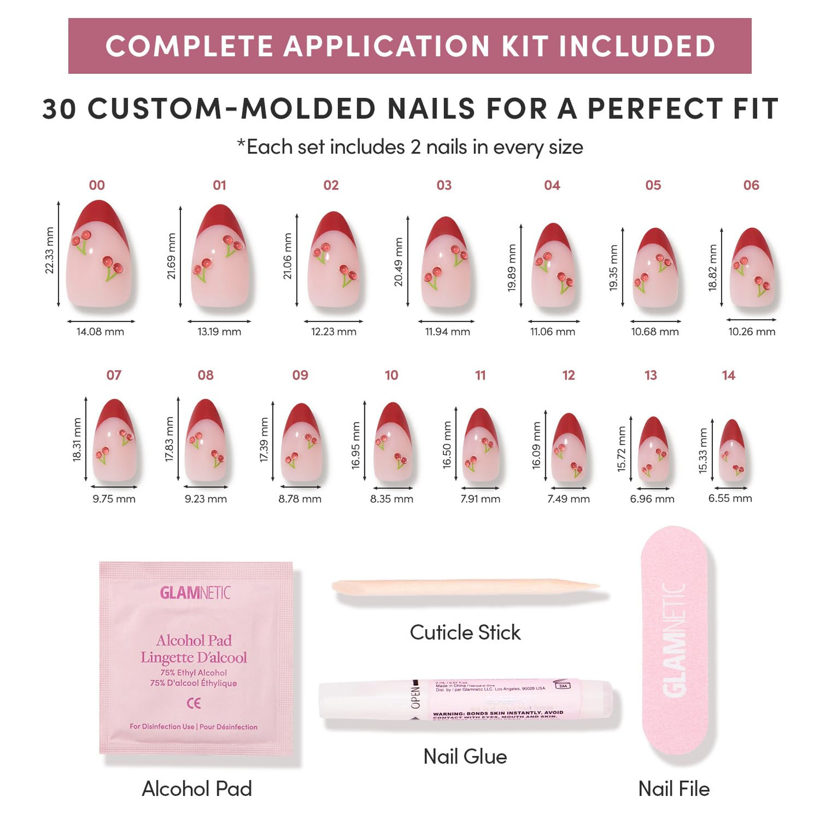 Press On Nails Cherry Bomb Short Almond Fake Nails Glossy Red French Tips 3D
