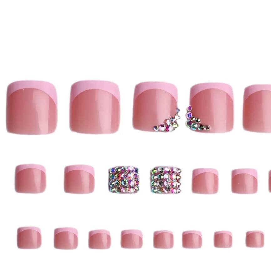CTTHNBD Press on Toenails – Pink French Tip with Rhinestone Design – Bling