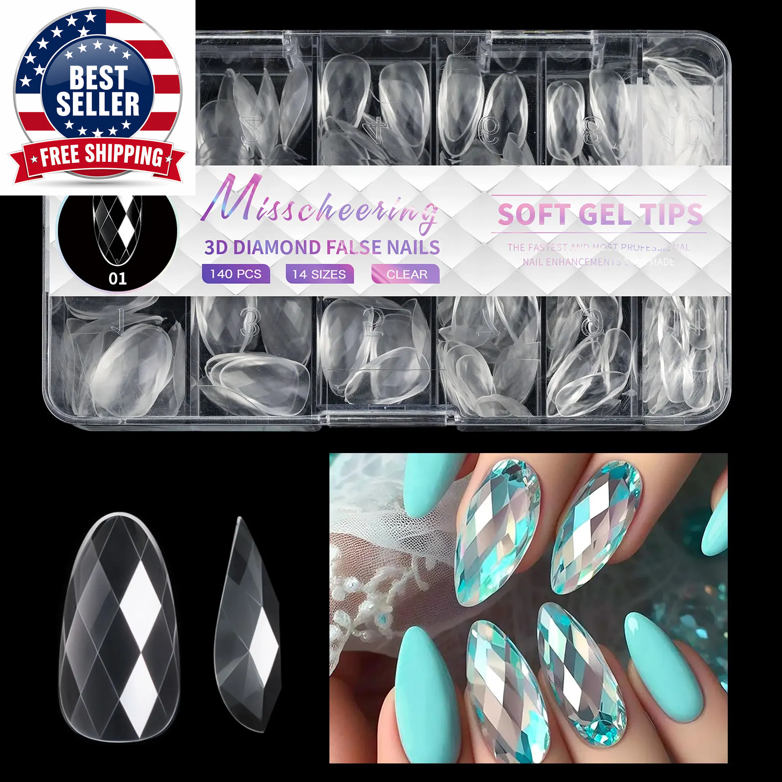 Diamond Shaped 3D Almond Nails Transparent Non-Marking Frosted Square Oval Weara