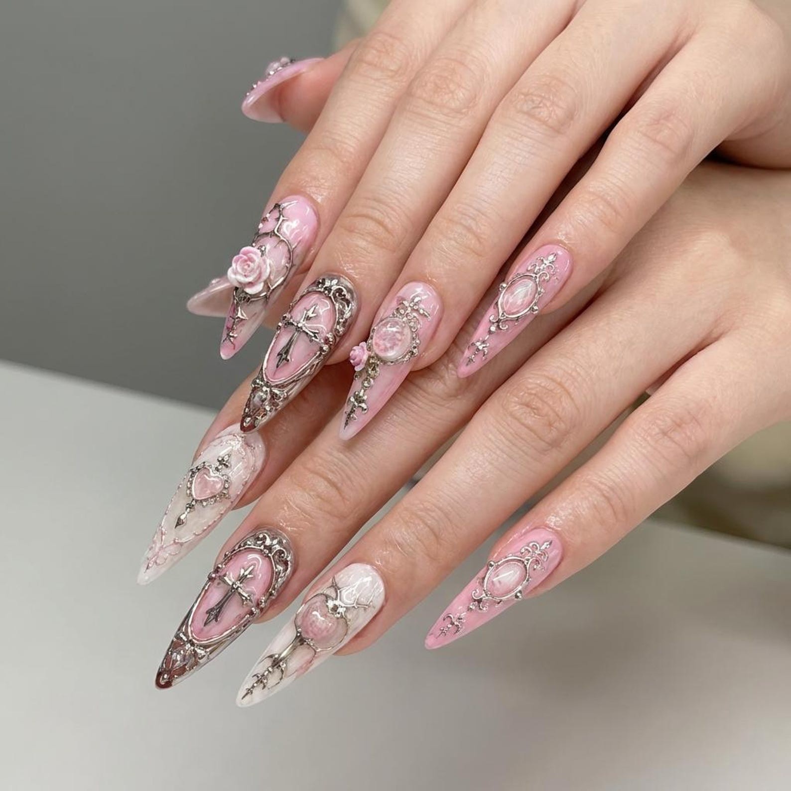 Handmade Gothic Pink 3D Rose Cross Heart Metal Long Stiletto Press on Nails