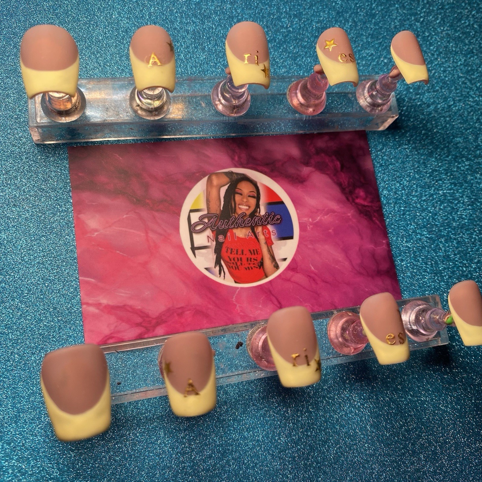 Authentic Nail Arts by Dia Square Press-On Nails Nude Yellow French 3D Zodiac