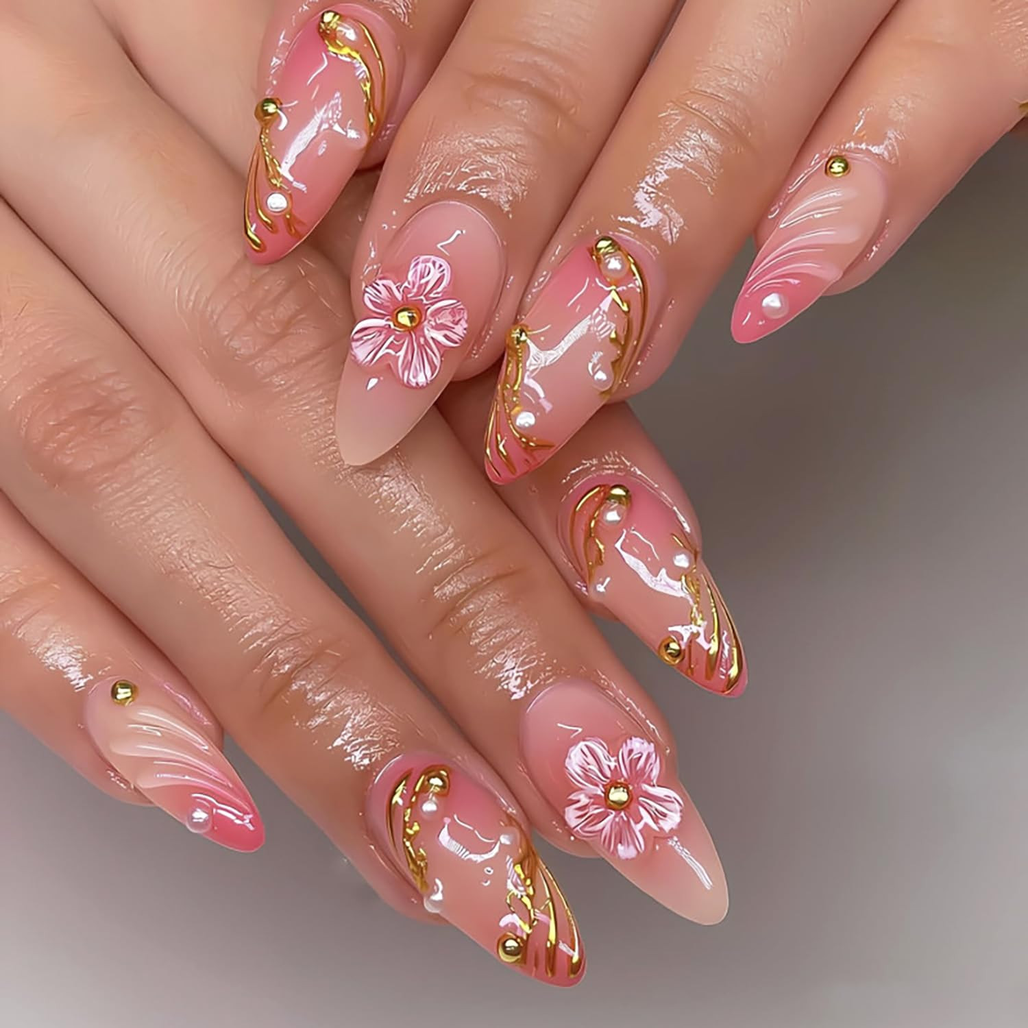 24Pcs 3D Flower Press on Nails Medium Almond Fake Nails with Pearl Rhinestones D