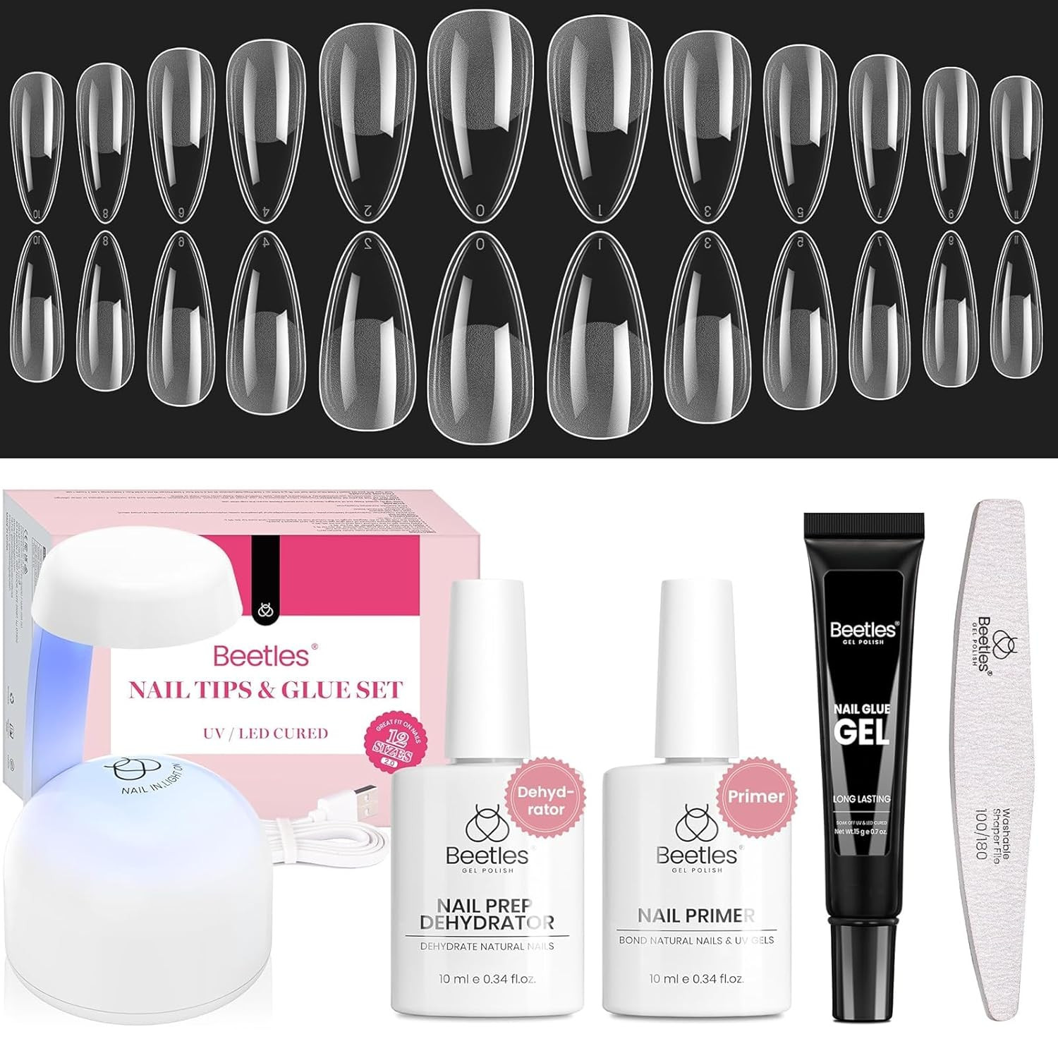 Etch-X Medium Almond Gel Nail Kit, 576 Pcs Half Matte Tips, Includes Dehydrator,