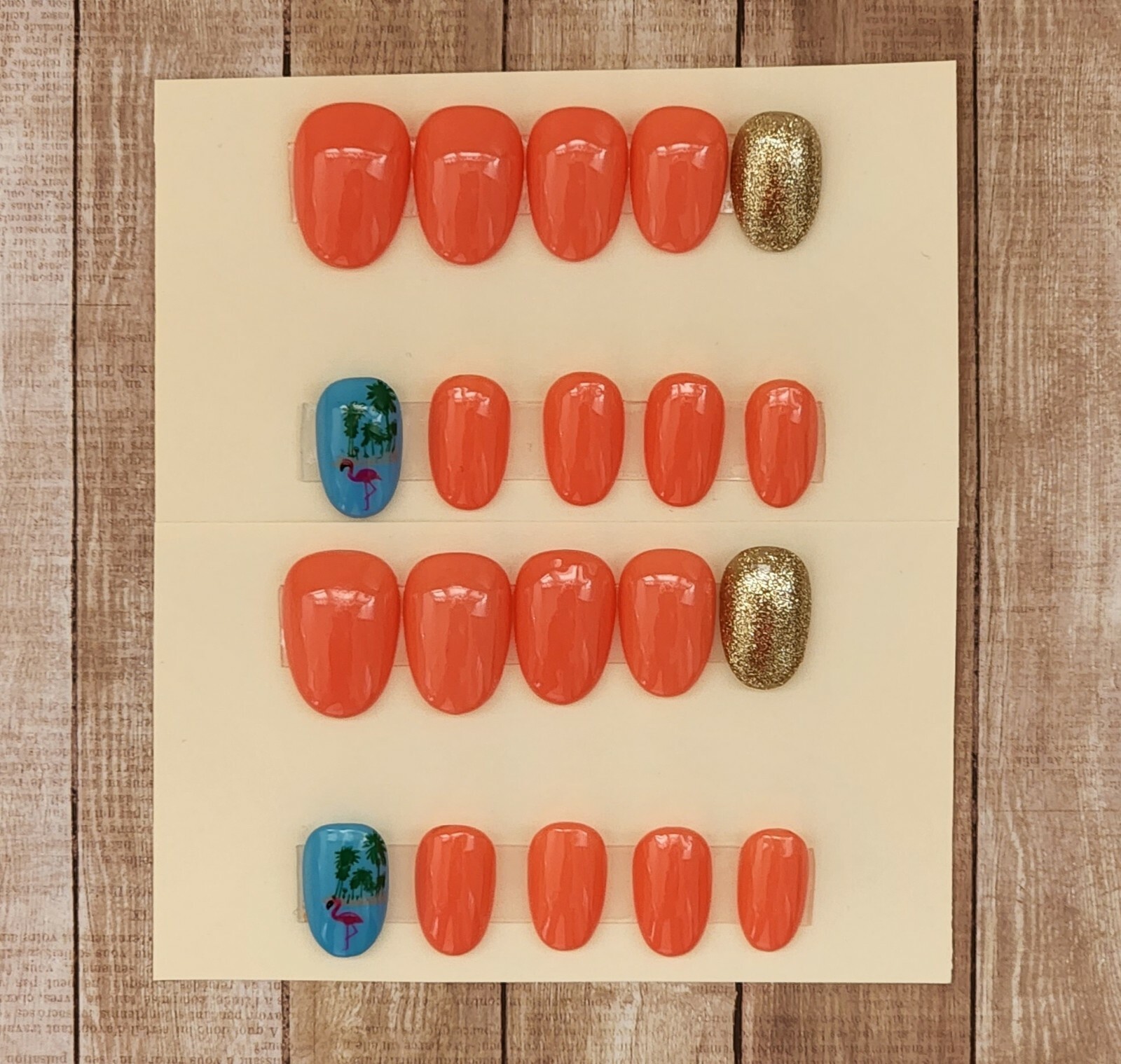 Custom Press On Handmade Gel Nails Coral Flamingo Accent Oval Short 20 Tips