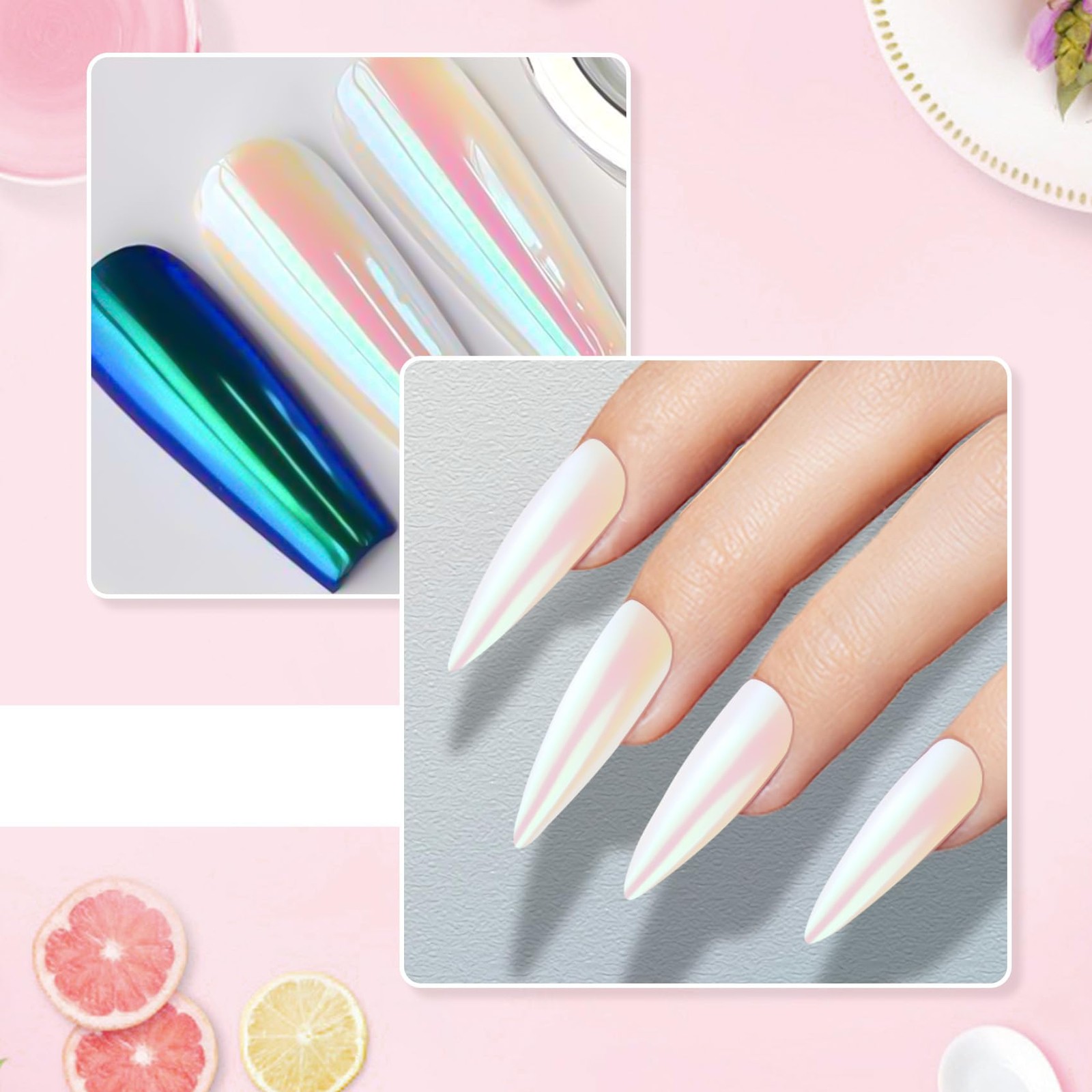 Chrome Nail Powder Kit – 2 Jar Mirror Effect Metallic Holographic Aurora Merm…
