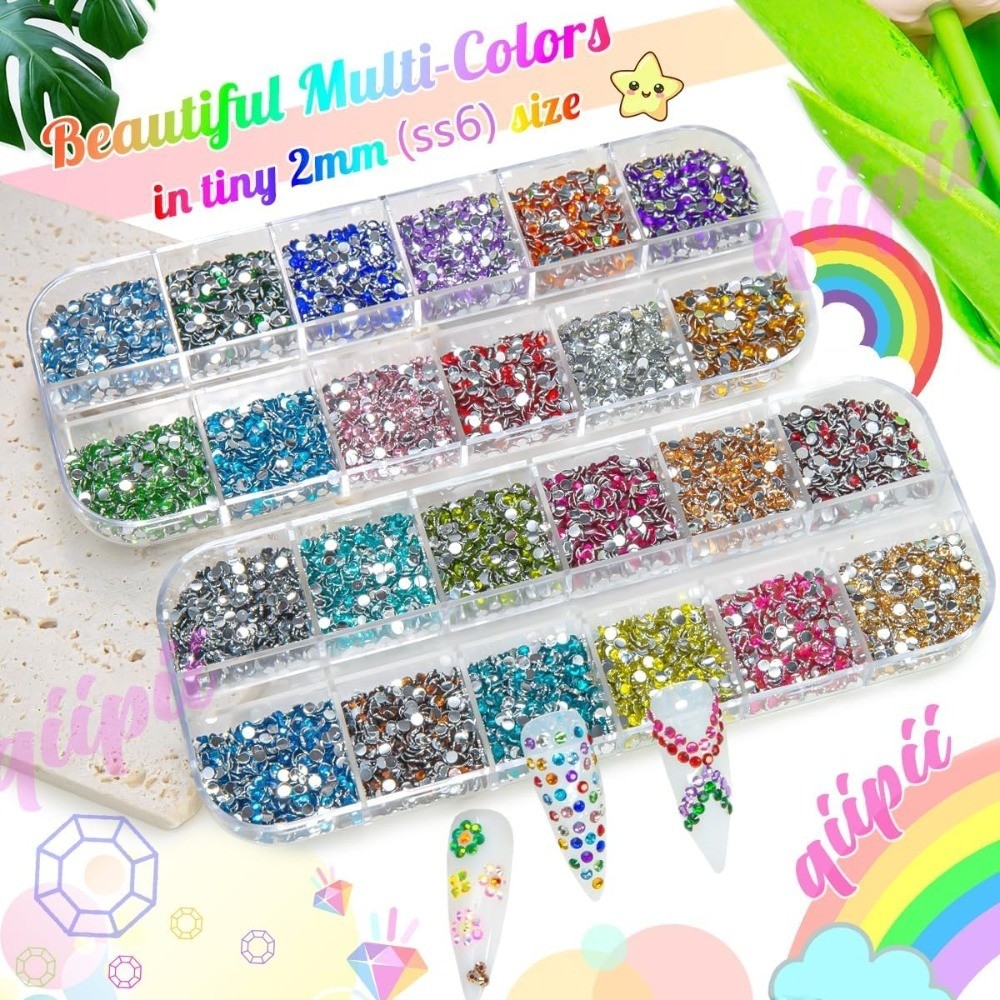 2mm Small Crystal Resin Flatback Rhinestones 24 Colors SS6 Tiny Gems for Nails