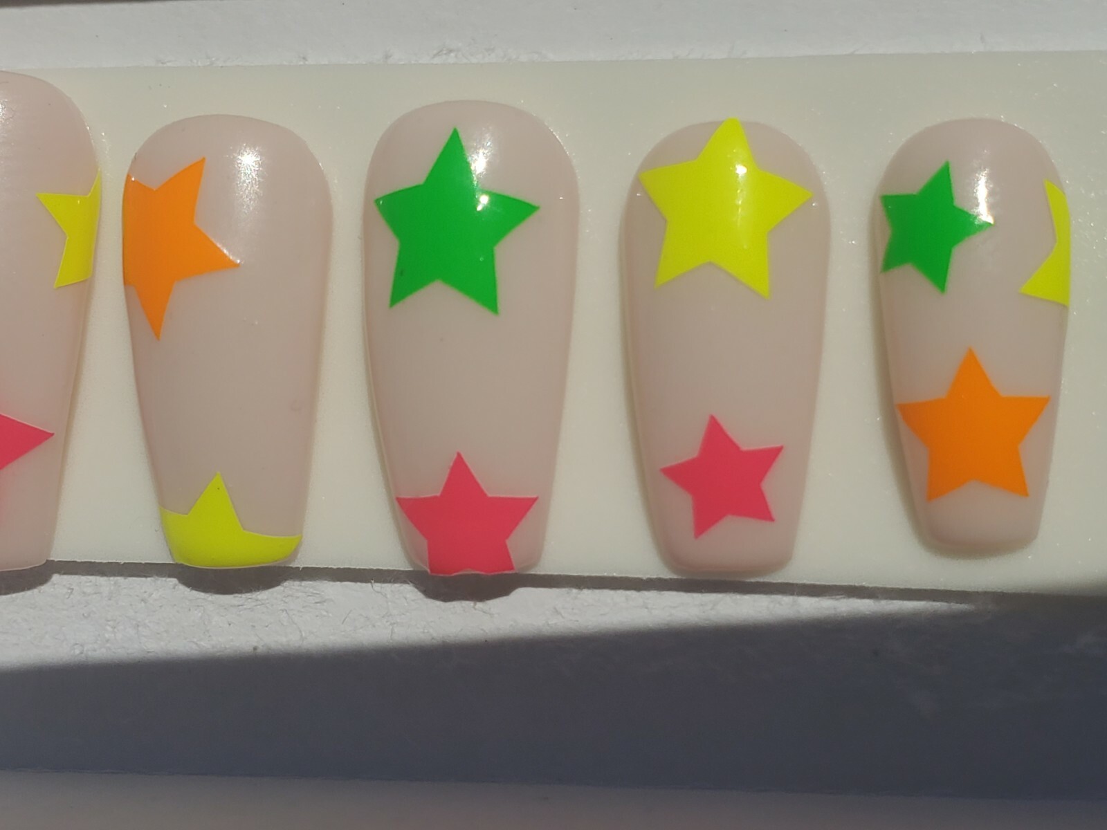 Nude & Neon star nails pink yellow orange green press on nails short coffin