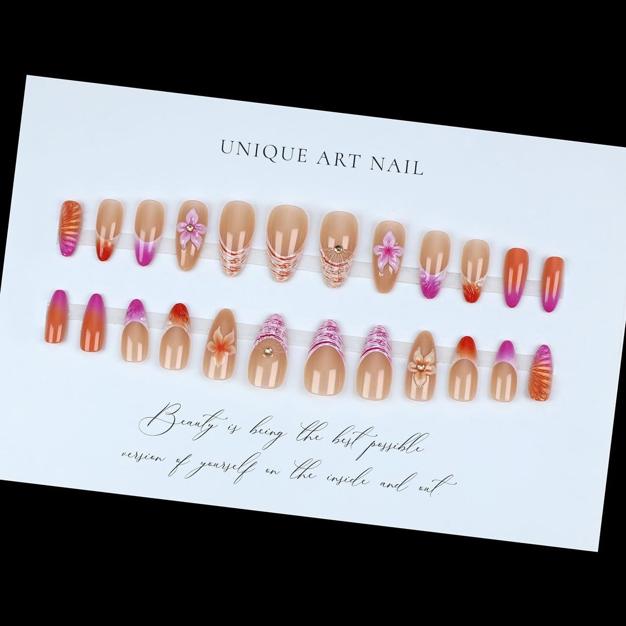 Elegant Medium Almond Press On Nails – 24Pcs Glossy Finish with 3D Floral Art