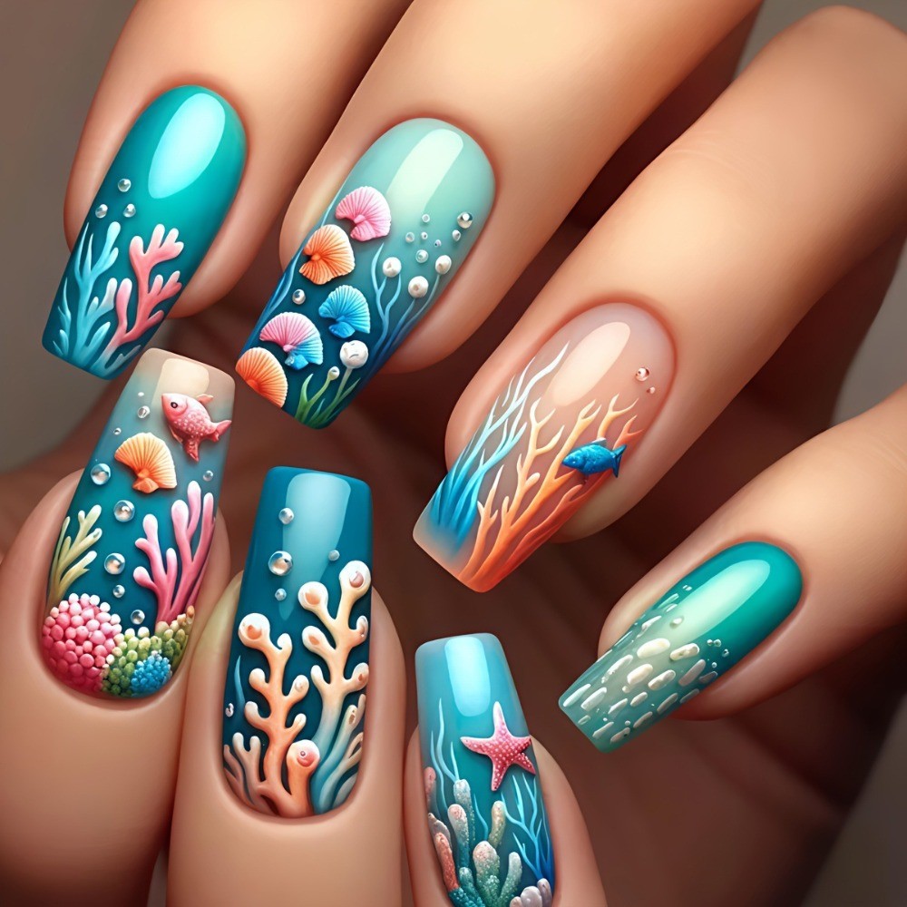 24pcs Ocean Press-On Nails: Coral, Jellyfish Mermaid Designs.Reusable Salon Art.