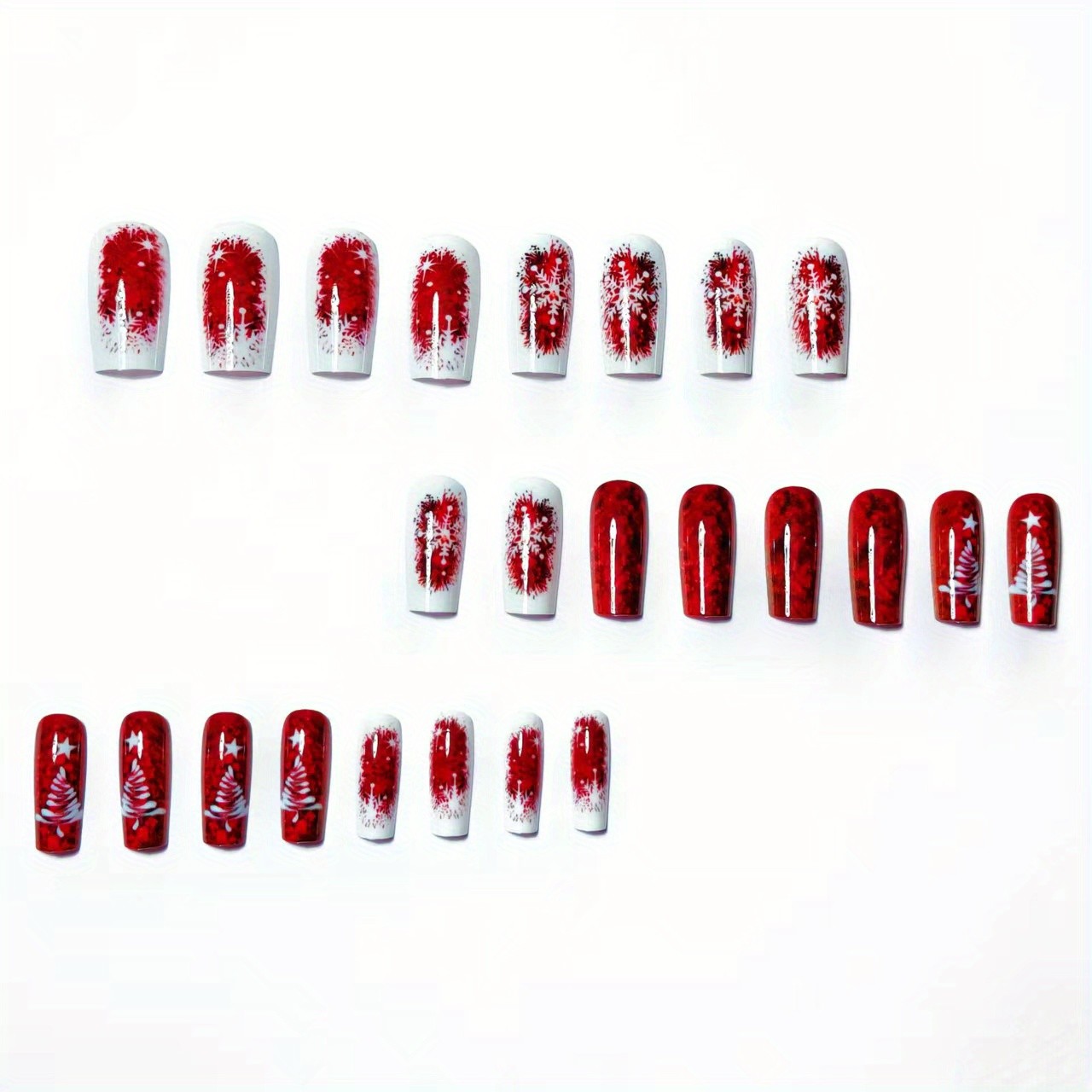 48pcs Christmas Press On Nails Red Glitter Snowflake Artificial Nails Full Cover