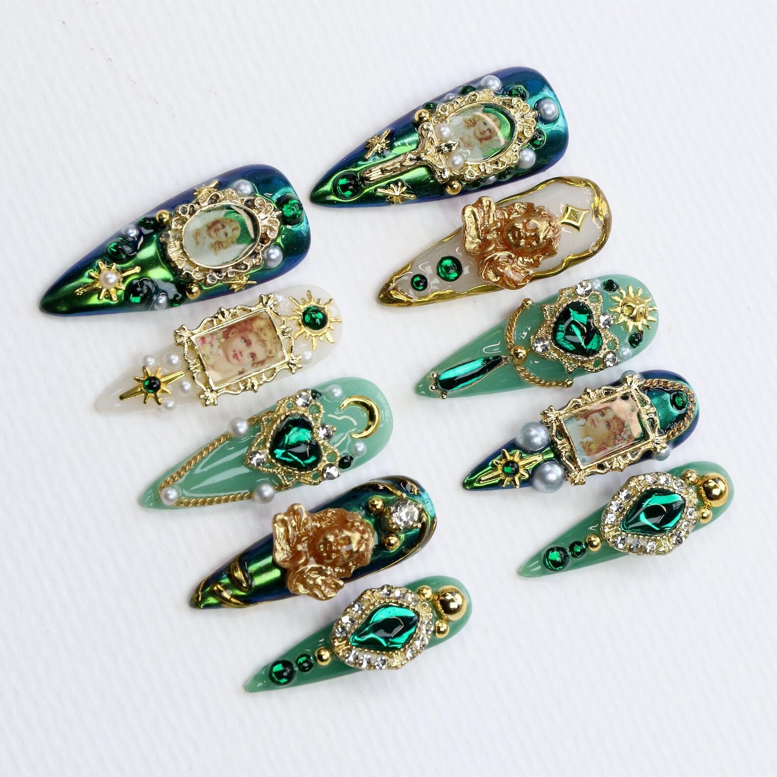 Handmade Vintage Angel Portrait Emerald Rhinestone Pearl Stiletto Press on Nails