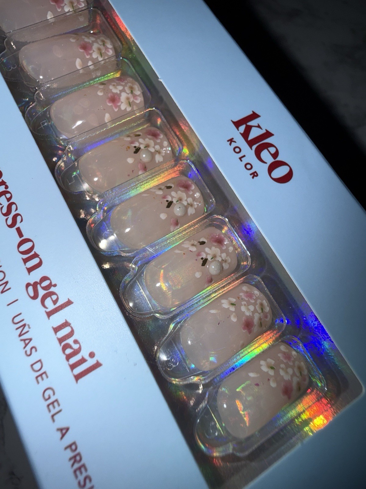 New Kleo Kolor Press-On Gel Nails – Long Square Floral Fields Flowers Pearls