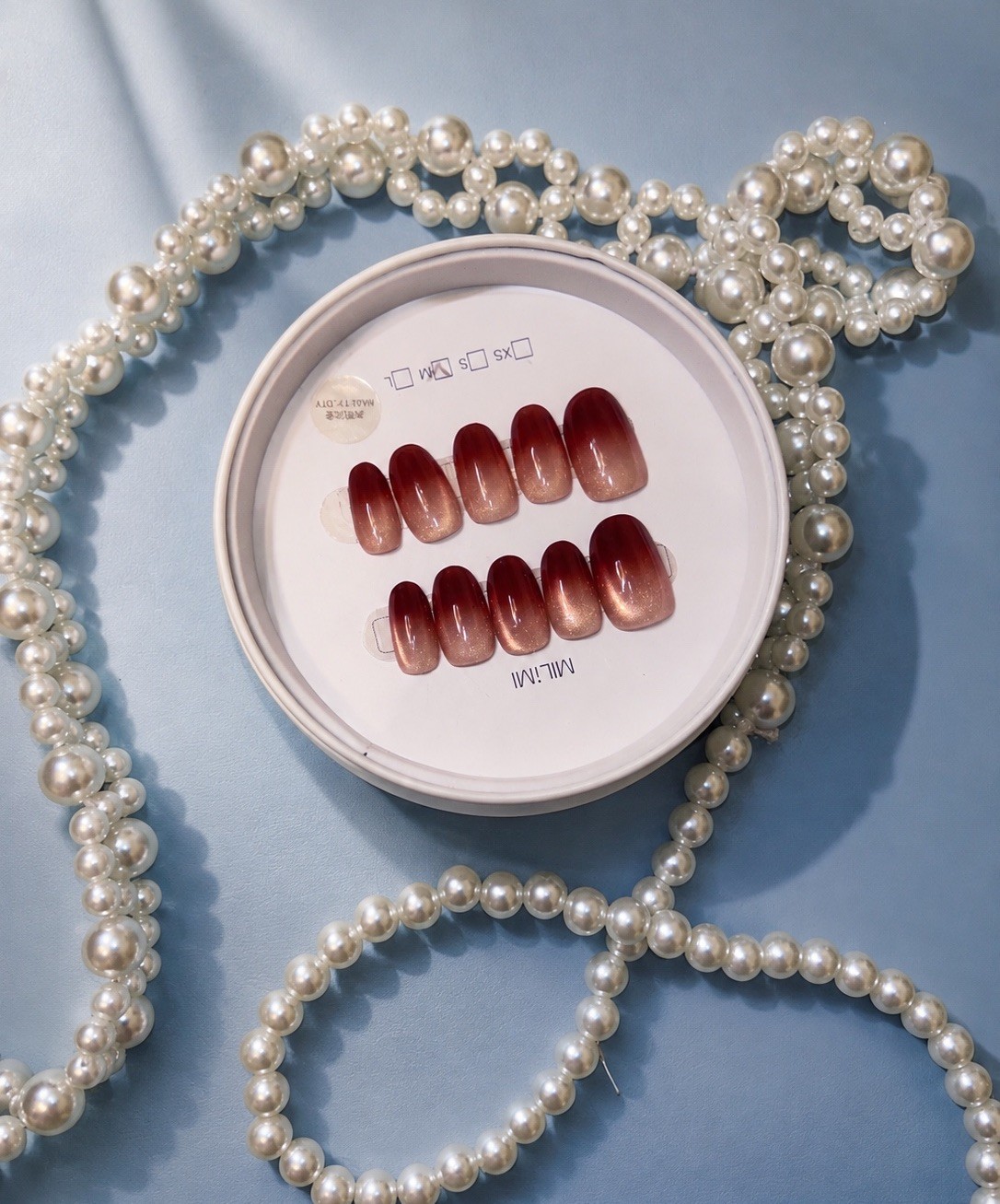 Burgundy Ombre Press On Nails Medium Almond Glossy Reusable Fake Nails