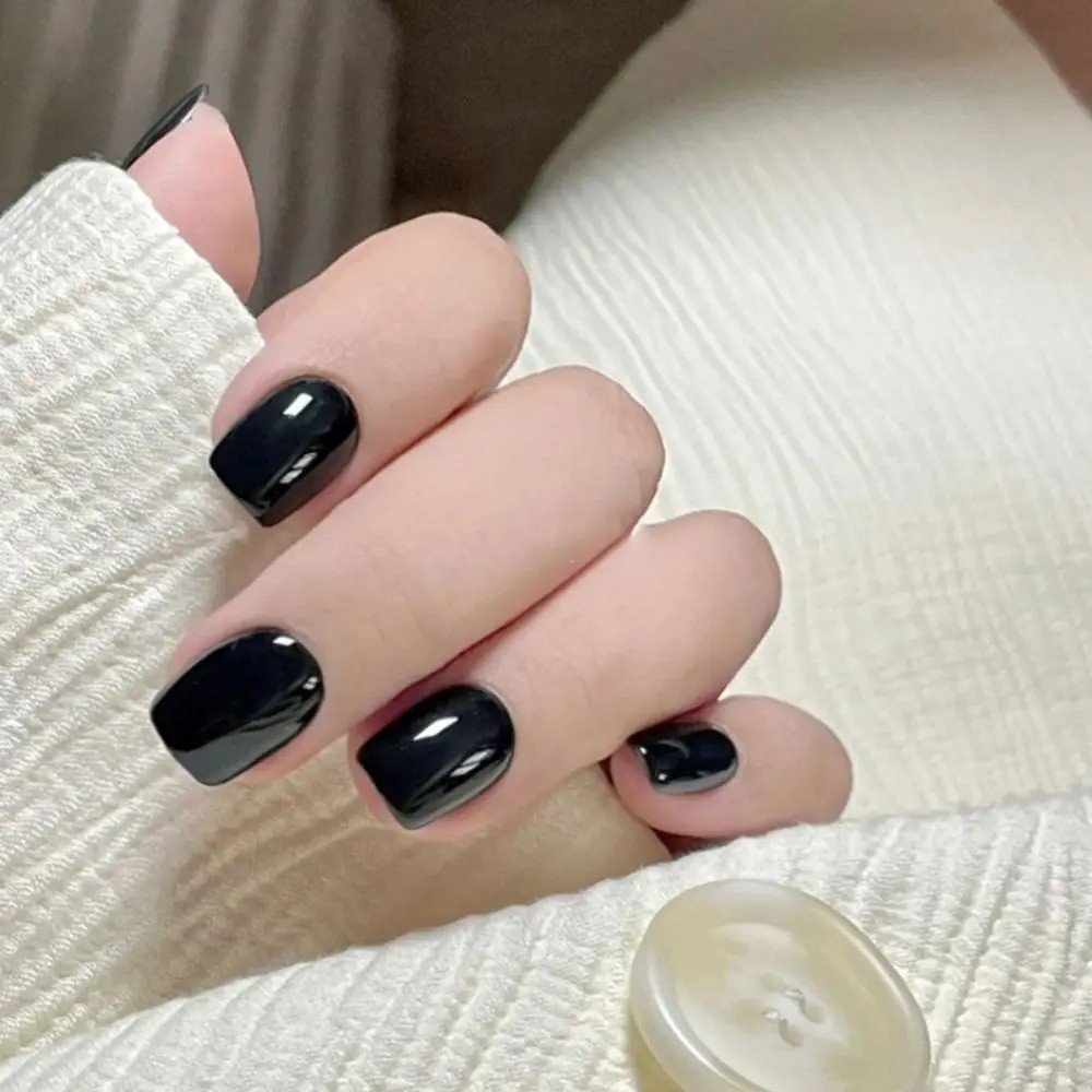 American White Tip Natural Nude Gloss Short-Square Reusable Press On False Nail