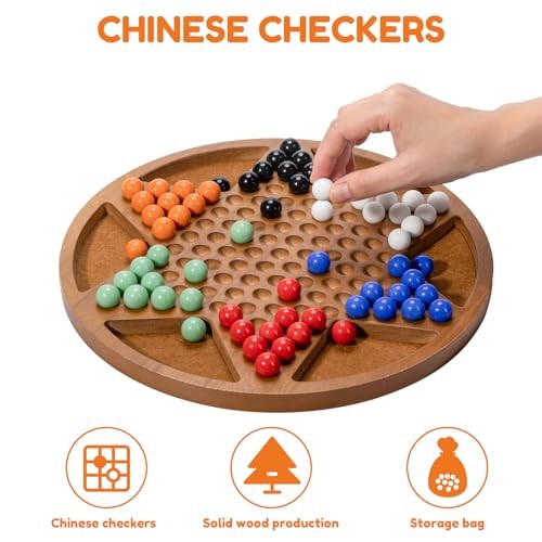 12-Inch Wooden Chinese Checkers Set – Classic Round Design with 60 12inch