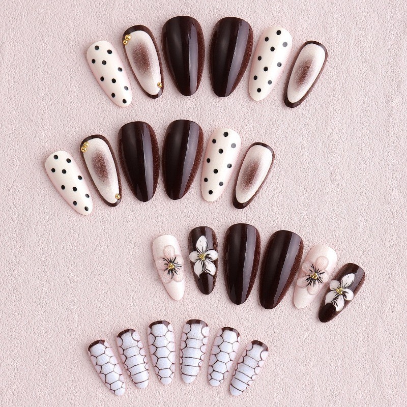 48 Pcs of Gray and White Mixed Element Fake Nails – Removable Nails, Daily Nail