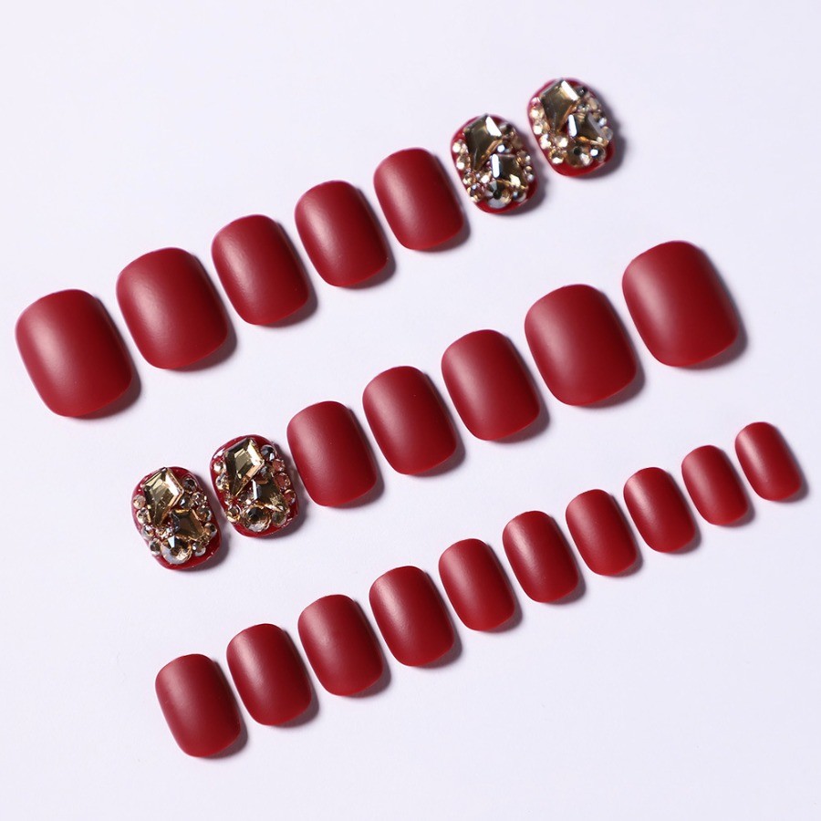 48pcs-Matte Red Press on Nail, Medium Square with Ornate Gold Rhinestone Details