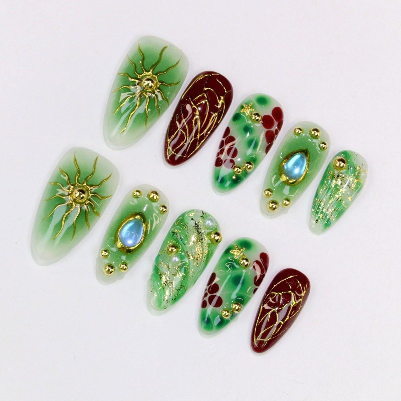 Custom Pure Handmade Nails Green Red Sun Pattern Gold Foil Vintage Manicure