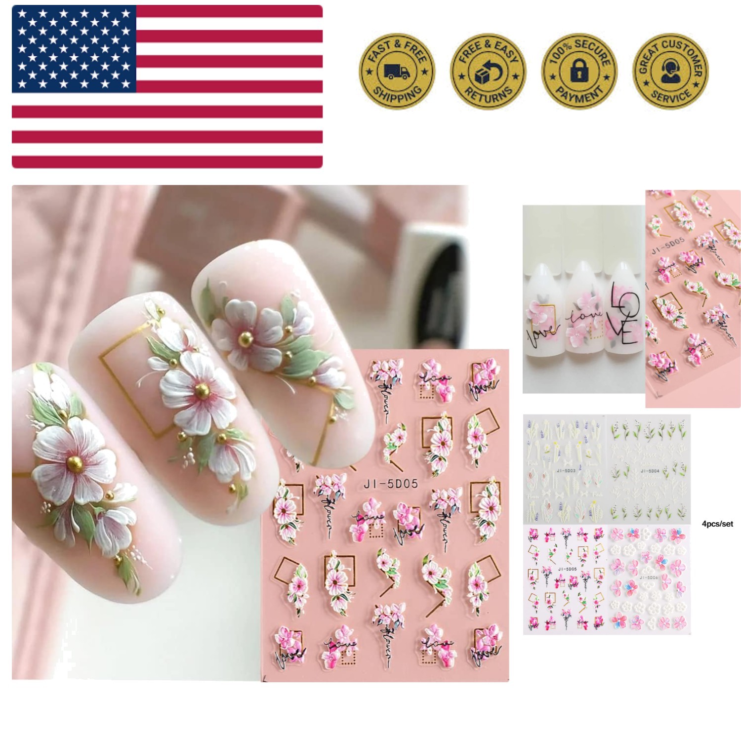 5D Nail Art Stickers 4 Sheets Pink Flowers Geometric Lines Decor Acrylic Embo…