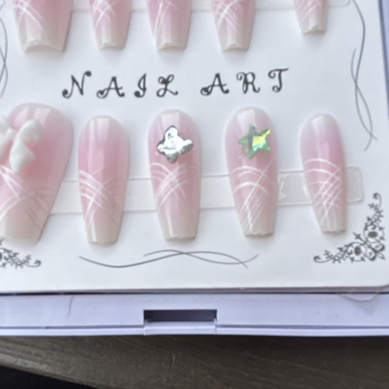 Pink/White Press-On Nails Long Coffin Full Cover Pre-Designed Shiny Flowers