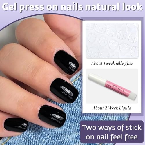 Press on Nails Short Square,120Pcs Glossy Fake Nails Full Cover Acrylic Black